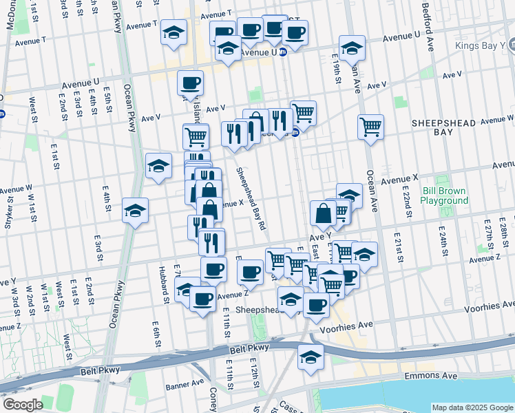 map of restaurants, bars, coffee shops, grocery stores, and more near 1166 Sheepshead Bay Road in Brooklyn