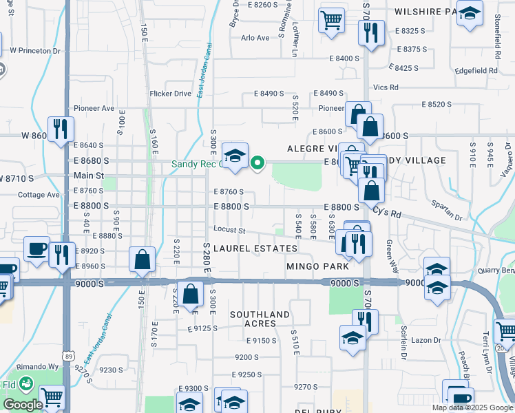 map of restaurants, bars, coffee shops, grocery stores, and more near 426 East 8800 South in Sandy