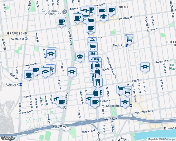 map of restaurants, bars, coffee shops, grocery stores, and more near 723 Avenue X in Brooklyn