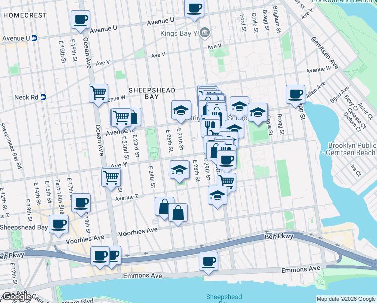 map of restaurants, bars, coffee shops, grocery stores, and more near 2717 Avenue Y in Brooklyn