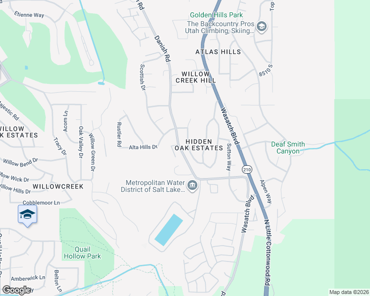 map of restaurants, bars, coffee shops, grocery stores, and more near 8772 Hidden Oak Drive in Cottonwood Heights