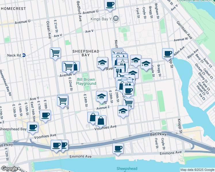 map of restaurants, bars, coffee shops, grocery stores, and more near 2717 Avenue Y in Brooklyn