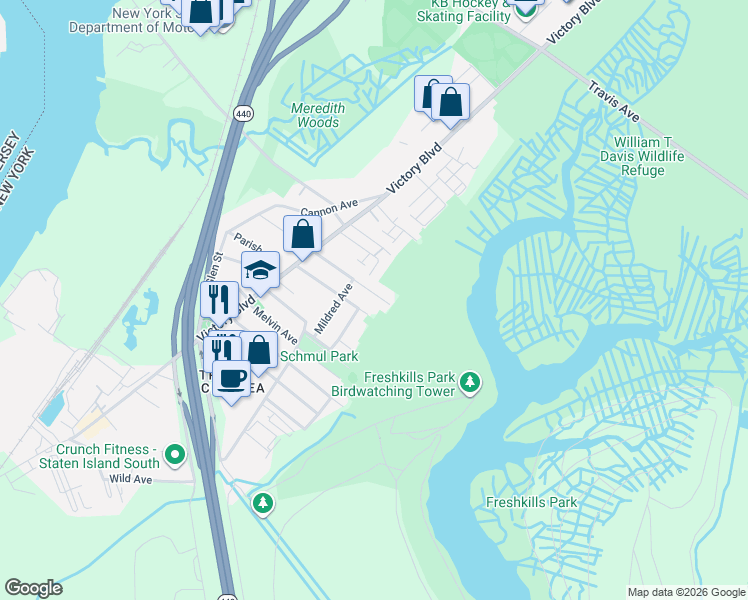 map of restaurants, bars, coffee shops, grocery stores, and more near 170 Burke Avenue in Staten Island
