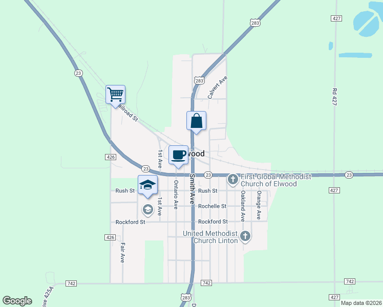 map of restaurants, bars, coffee shops, grocery stores, and more near in Elwood