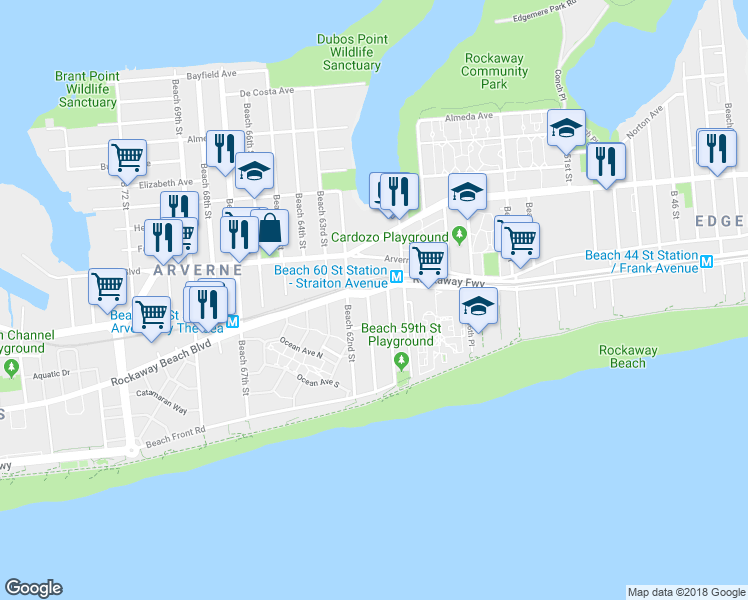 map of restaurants, bars, coffee shops, grocery stores, and more near 194 Beach 61st Street in Queens