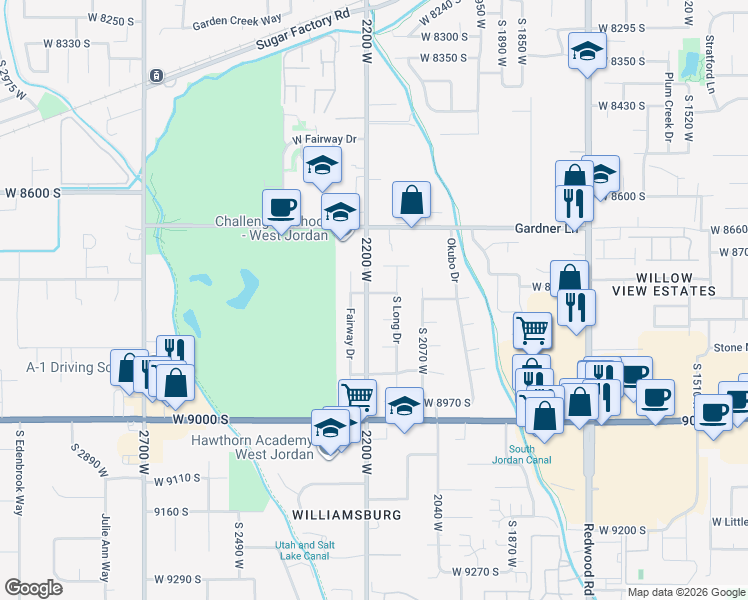 map of restaurants, bars, coffee shops, grocery stores, and more near 2187 West 8770 South in West Jordan