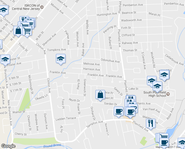map of restaurants, bars, coffee shops, grocery stores, and more near 527 Franklin Avenue in South Plainfield
