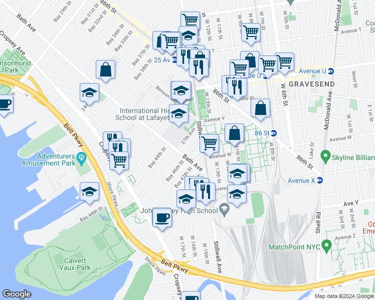 map of restaurants, bars, coffee shops, grocery stores, and more near 46 Bay 46th Street in Brooklyn