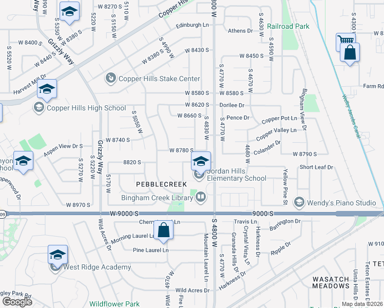 map of restaurants, bars, coffee shops, grocery stores, and more near 4856 West 8820 South in West Jordan