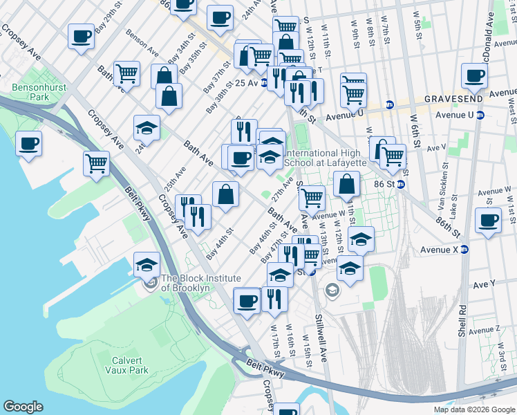 map of restaurants, bars, coffee shops, grocery stores, and more near 129A Bay 44th Street in Brooklyn