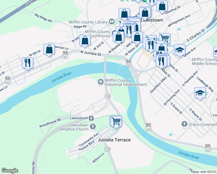 map of restaurants, bars, coffee shops, grocery stores, and more near 6356 Belle Avenue in Lewistown