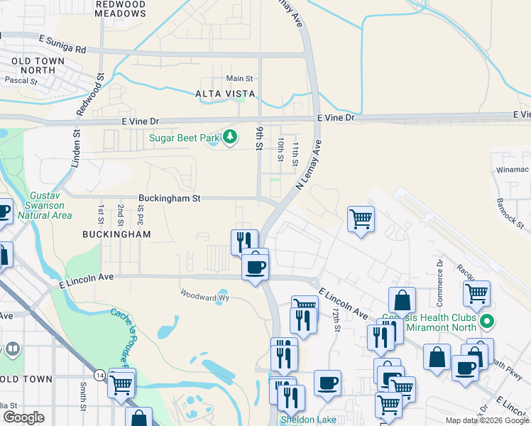 map of restaurants, bars, coffee shops, grocery stores, and more near 322 Lindenmeier Road in Fort Collins
