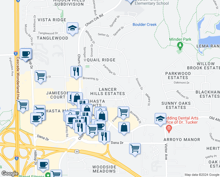 map of restaurants, bars, coffee shops, grocery stores, and more near 1036 Burton Drive in Redding
