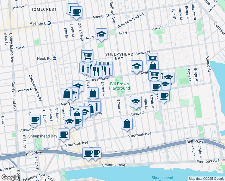 map of restaurants, bars, coffee shops, grocery stores, and more near 2464 East 23rd Street in Brooklyn