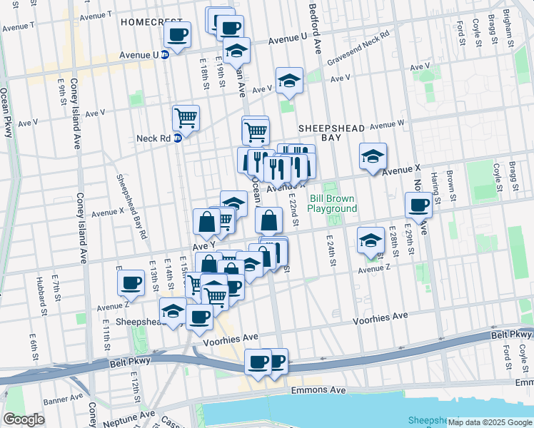 map of restaurants, bars, coffee shops, grocery stores, and more near 2855 Ocean Avenue in Brooklyn