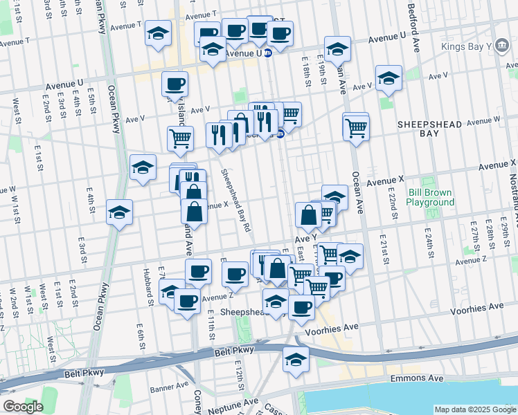 map of restaurants, bars, coffee shops, grocery stores, and more near 2431 East 14th Street in Brooklyn