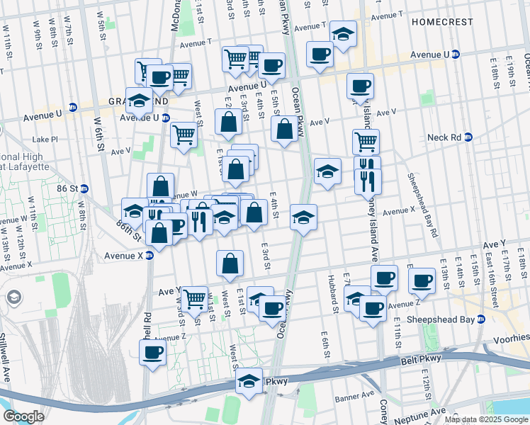 map of restaurants, bars, coffee shops, grocery stores, and more near 2377 East 2nd Street in Brooklyn