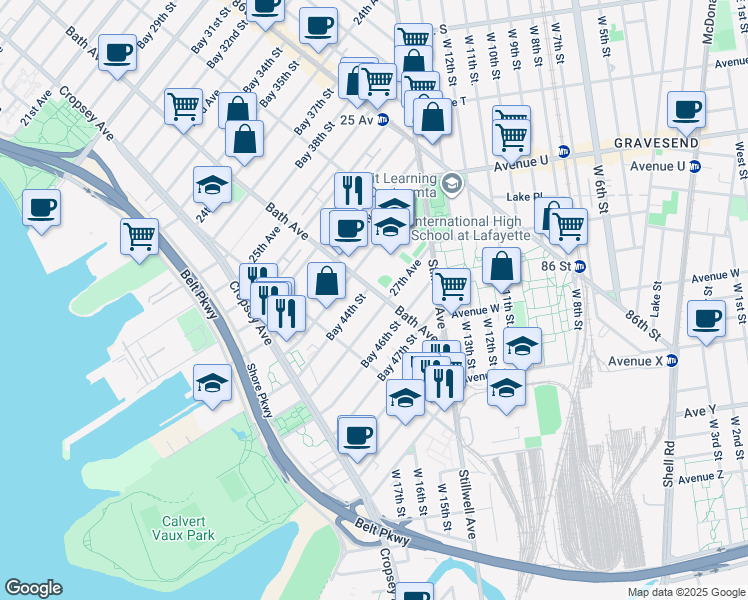 map of restaurants, bars, coffee shops, grocery stores, and more near 129A Bay 44th Street in Brooklyn