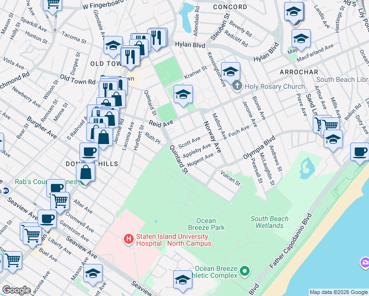 map of restaurants, bars, coffee shops, grocery stores, and more near 77 Appleby Avenue in Staten Island