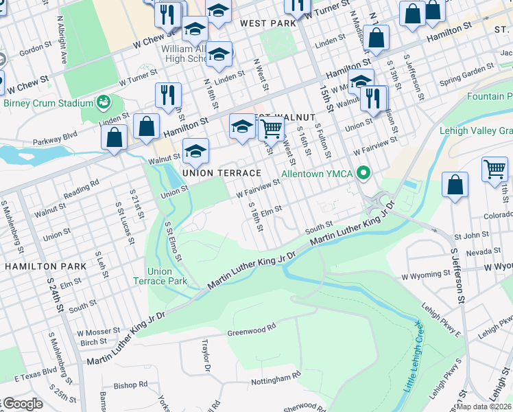 map of restaurants, bars, coffee shops, grocery stores, and more near 331 South 18th Street in Allentown
