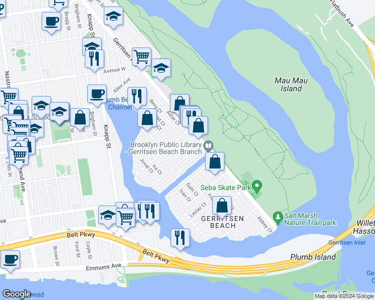 map of restaurants, bars, coffee shops, grocery stores, and more near 6 Celeste Court in Brooklyn