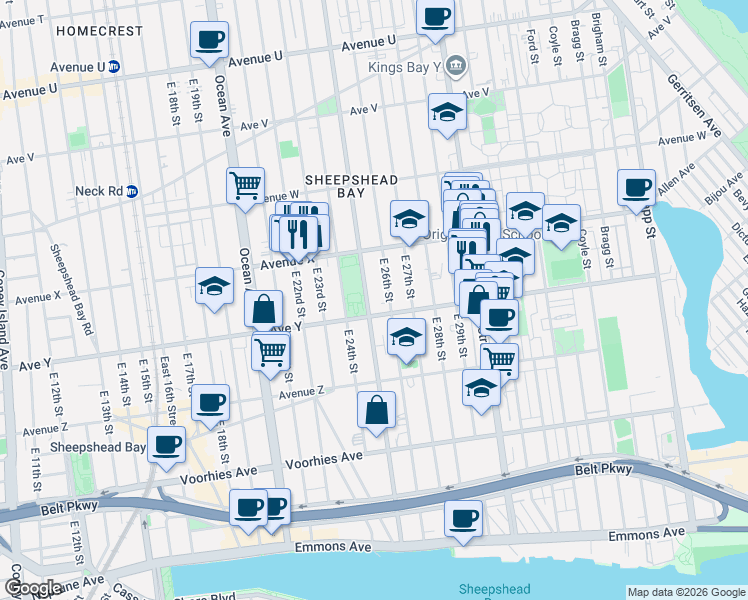 map of restaurants, bars, coffee shops, grocery stores, and more near 2473 East 26th Street in Brooklyn