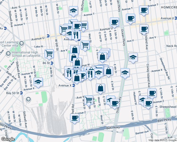 map of restaurants, bars, coffee shops, grocery stores, and more near 2343 West 1st Street in Brooklyn