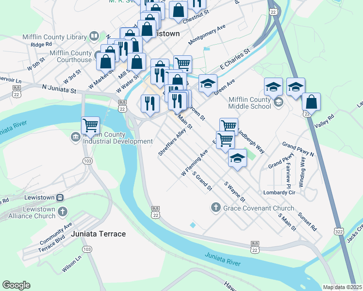 map of restaurants, bars, coffee shops, grocery stores, and more near 418 South Wayne Street in Lewistown