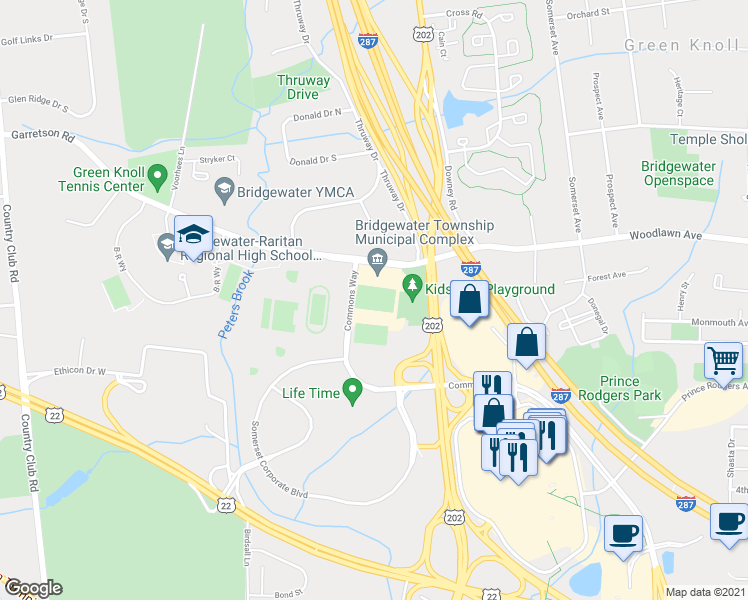 map of restaurants, bars, coffee shops, grocery stores, and more near 100 Commons Way in Bridgewater
