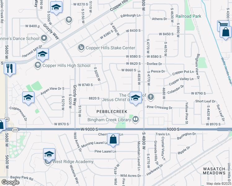 map of restaurants, bars, coffee shops, grocery stores, and more near 4963 West 8780 South in West Jordan