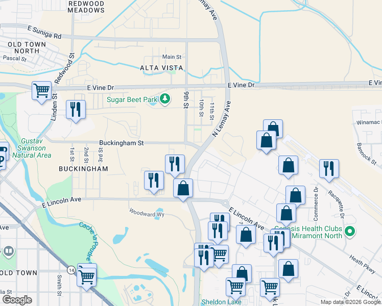 map of restaurants, bars, coffee shops, grocery stores, and more near 322 Lindenmeier Road in Fort Collins