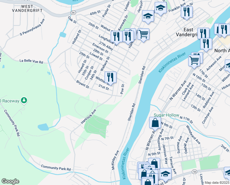 map of restaurants, bars, coffee shops, grocery stores, and more near 1104 Hancock Avenue in Vandergrift