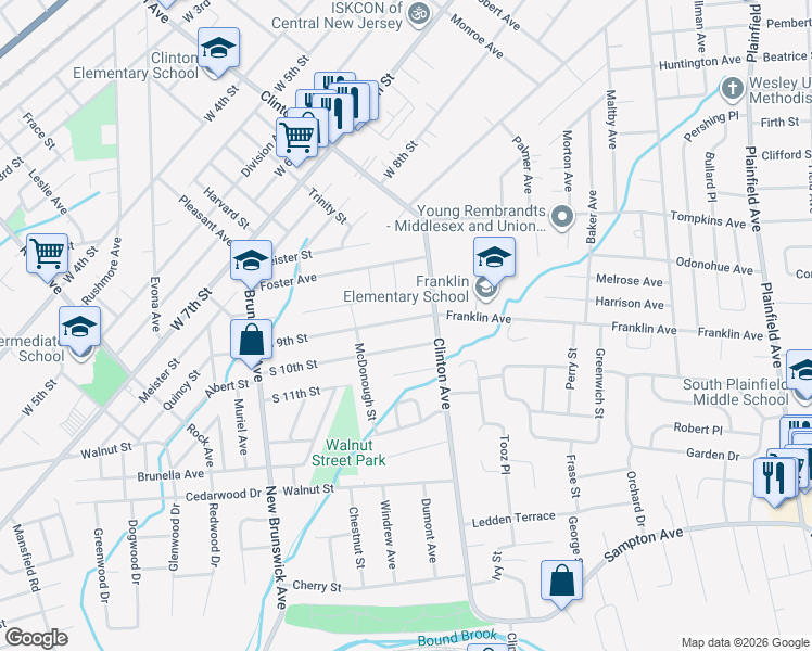 map of restaurants, bars, coffee shops, grocery stores, and more near 1123 South 9th Street in South Plainfield