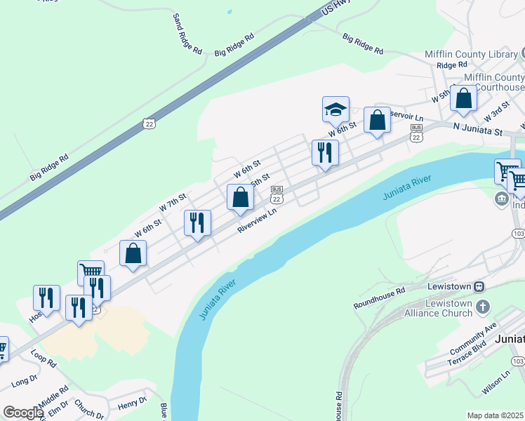 map of restaurants, bars, coffee shops, grocery stores, and more near 802 West 4th Street in Lewistown