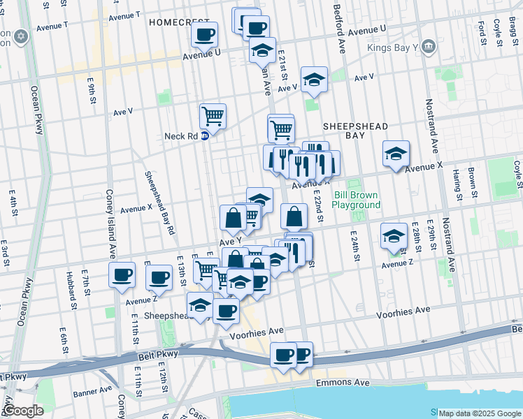map of restaurants, bars, coffee shops, grocery stores, and more near 2434 East 19th Street in Brooklyn