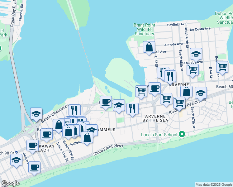 map of restaurants, bars, coffee shops, grocery stores, and more near 3-66 Beach 80th Street in Queens