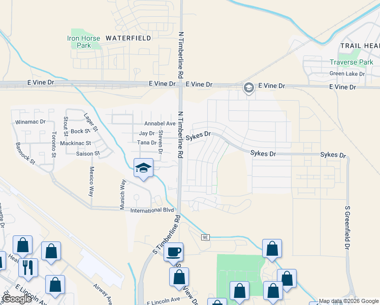 map of restaurants, bars, coffee shops, grocery stores, and more near 411 Skyraider Way in Fort Collins