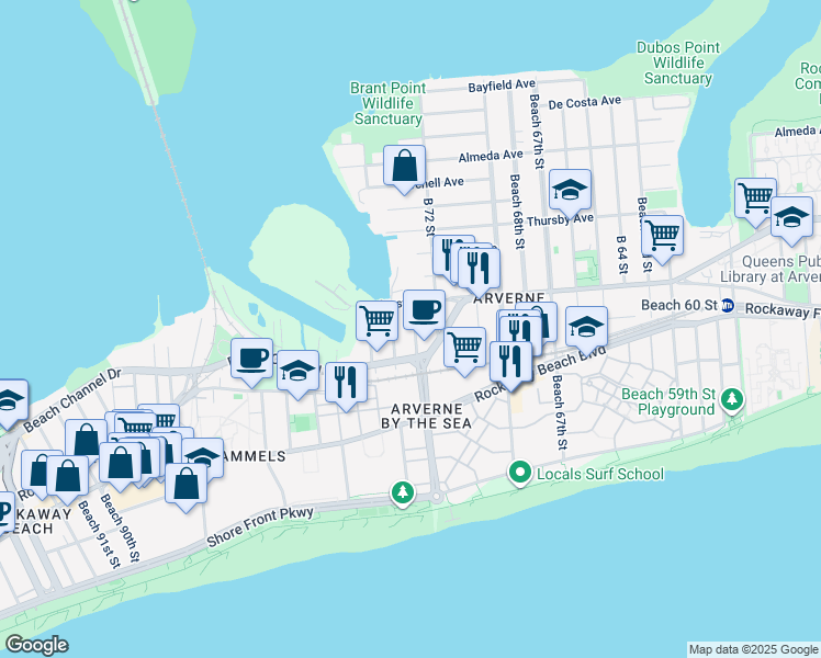 map of restaurants, bars, coffee shops, grocery stores, and more near 321 Beach 73rd Street in Queens