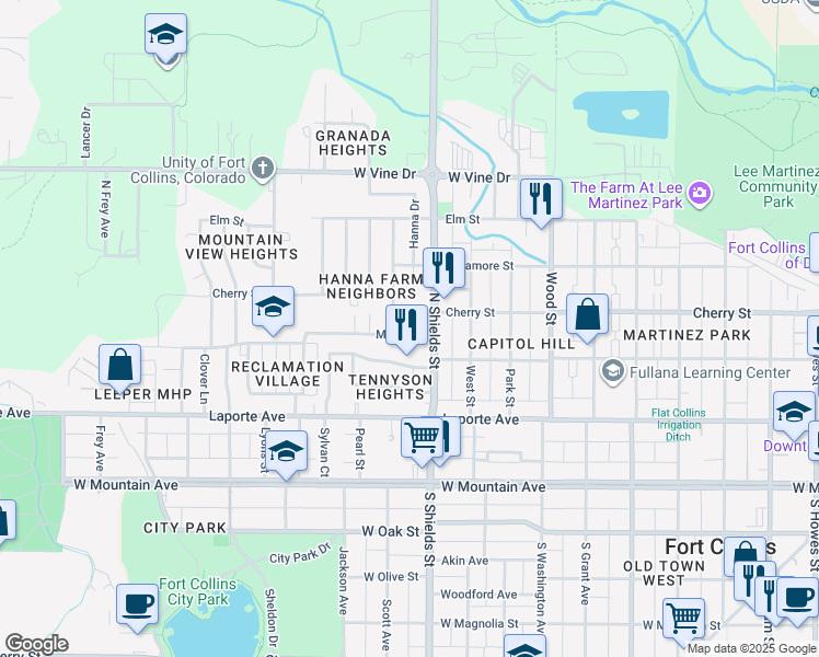 map of restaurants, bars, coffee shops, grocery stores, and more near 319 North Shields Street in Fort Collins