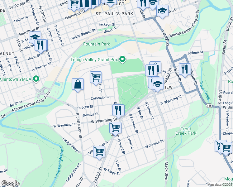 map of restaurants, bars, coffee shops, grocery stores, and more near 823 South Hazel Street in Allentown