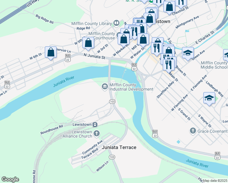 map of restaurants, bars, coffee shops, grocery stores, and more near 6356 Belle Avenue in Lewistown