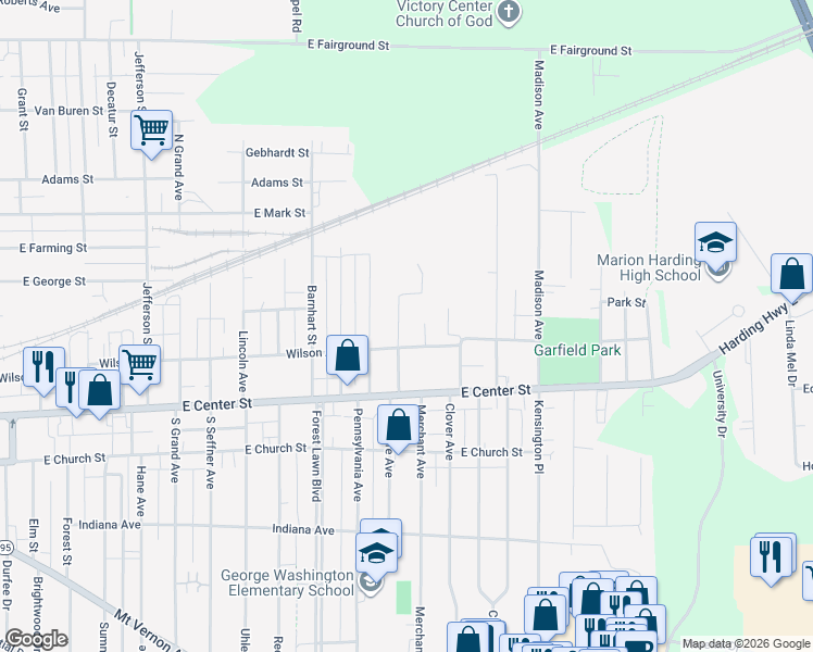map of restaurants, bars, coffee shops, grocery stores, and more near 190 Boone Avenue in Marion