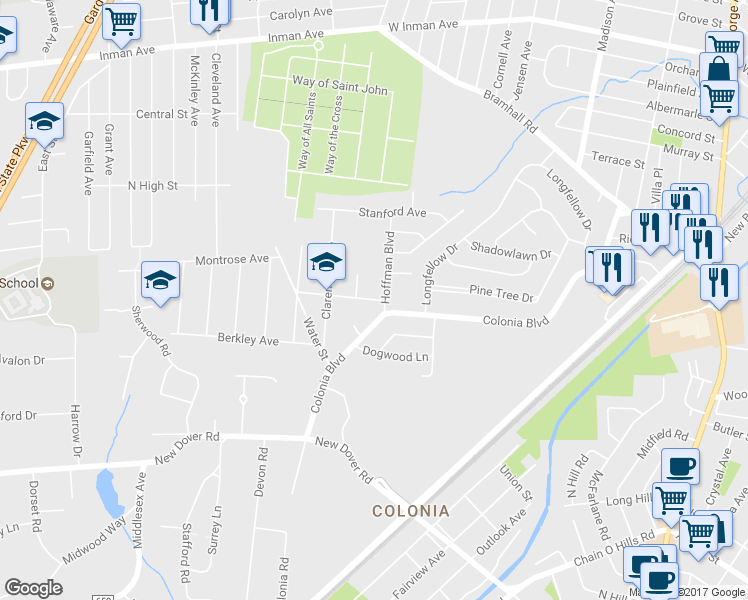 map of restaurants, bars, coffee shops, grocery stores, and more near 189 Kensington Avenue in Woodbridge Township