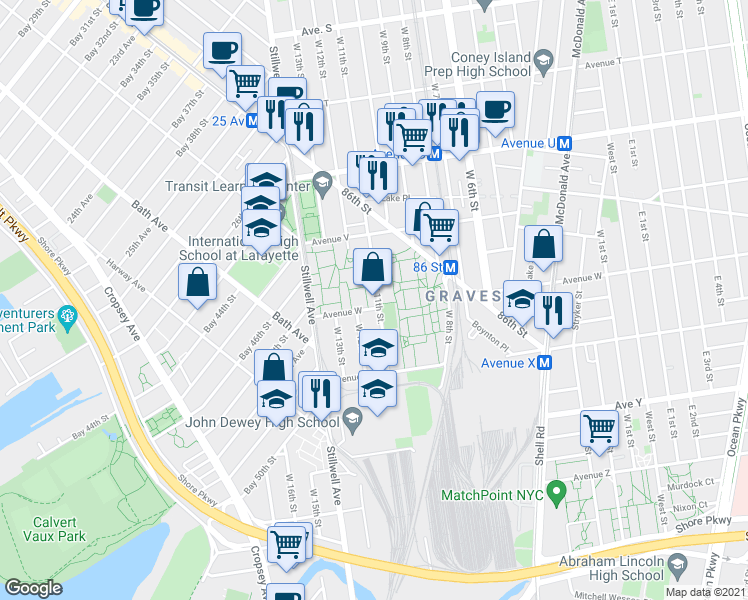 map of restaurants, bars, coffee shops, grocery stores, and more near 71 Avenue W in Brooklyn