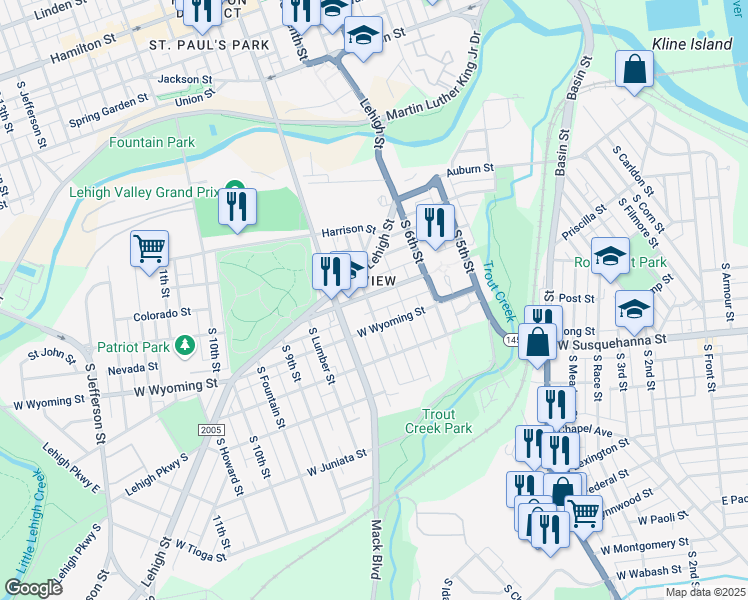map of restaurants, bars, coffee shops, grocery stores, and more near 730 Saint John Street in Allentown