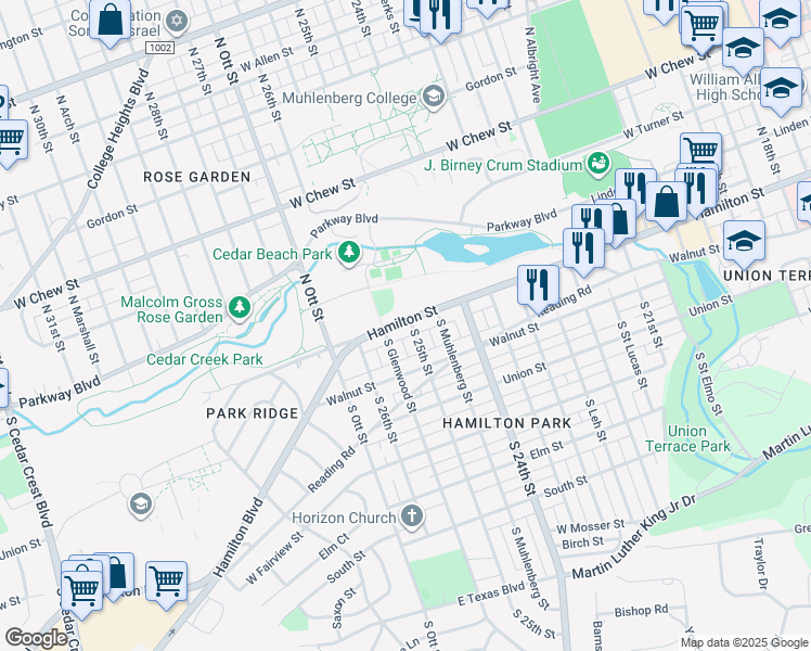 map of restaurants, bars, coffee shops, grocery stores, and more near 15 South 25th Street in Allentown