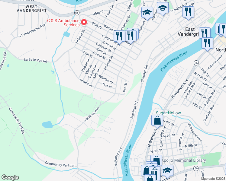 map of restaurants, bars, coffee shops, grocery stores, and more near 1104 Hancock Avenue in Vandergrift