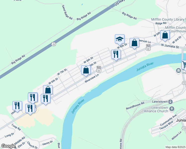 map of restaurants, bars, coffee shops, grocery stores, and more near 802 West 4th Street in Lewistown