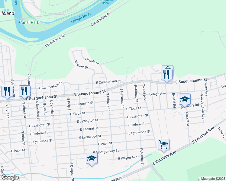 map of restaurants, bars, coffee shops, grocery stores, and more near 712 South Glynn Street in Allentown