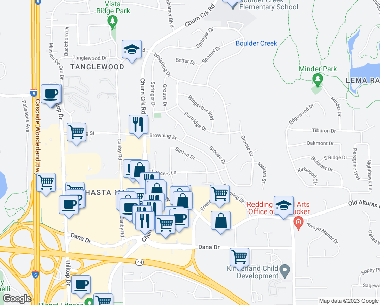 map of restaurants, bars, coffee shops, grocery stores, and more near 1036 Burton Drive in Redding